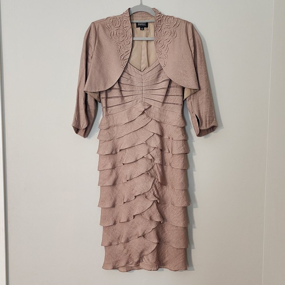 Adrianna Papell sz 6 Elegant Blush Tiered Cocktail Dress  Beaded Bolero Jacket